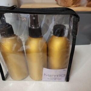 New Vintage 3 Piece Bathroom Vanity Bottles Gold Lightweight Tin Black Toppers